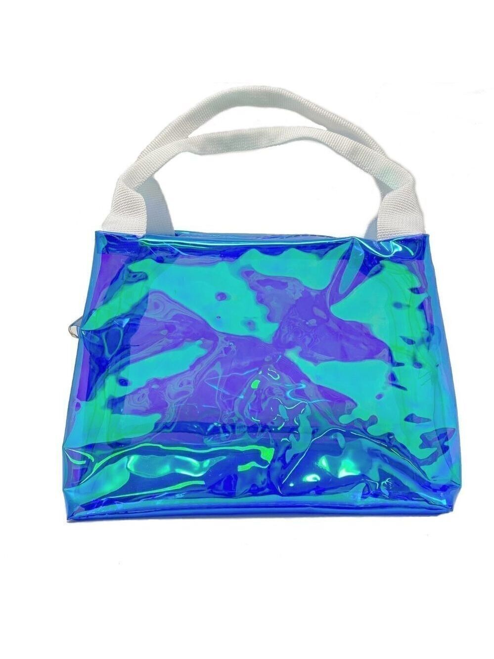 Blue iridescent bag with top zipper w/ white handle  Cosmetic bag Bath caddy NEW